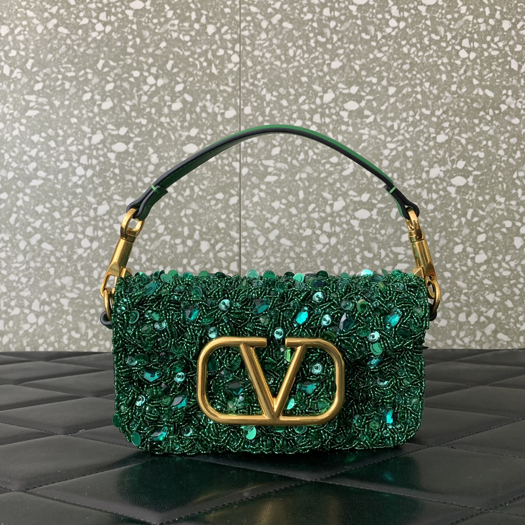 Valentino Garavani Loco Small Embroidered Shoulder Bag with Green Beaded Fringes